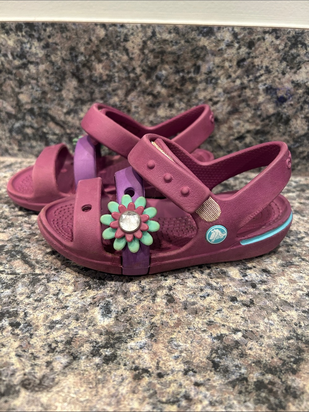 CROCS Girls Purple and Teal Flower Strap Sandals